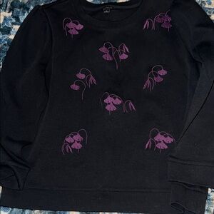 Ann Taylor Black Crewneck Sweatshirt with Purple Floral Embroidered Flowers NWOT